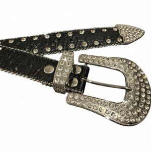 Rhinestone Covered Black Leather Belt – 40” – 1.5” Width – Genuine Leather